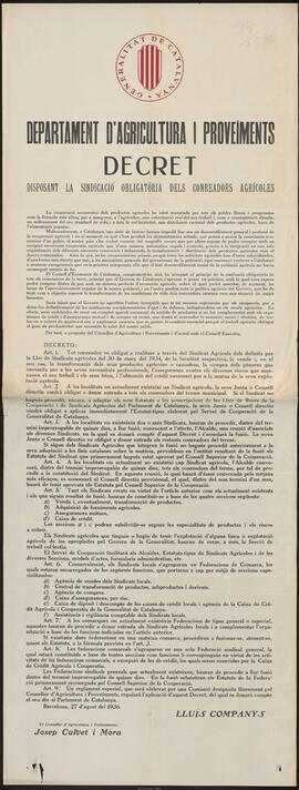 Generalitat de Catalunya, Departament d'Agricultura i Proveïments : disposant la sindicació oblig...